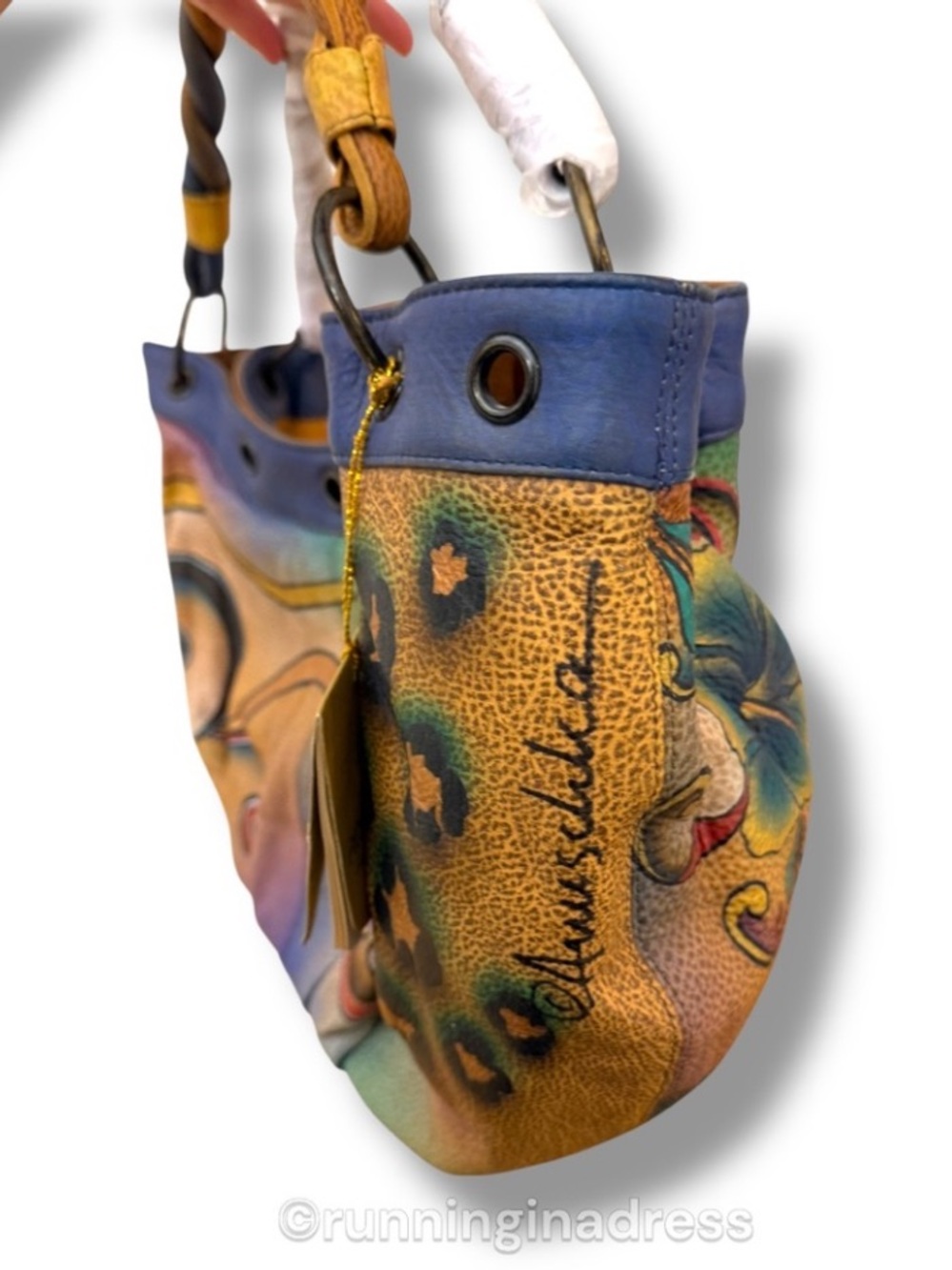 NWT Premium Anuschka Hand Painted Leather Collage S.M.D.C Hobo Peacock Butterfly - Picture 3 of 16